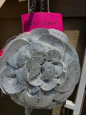 Betsey Johnson Silver Rhinestone Rose Crossbody Purse